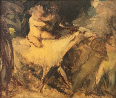 an oil painting of a woman sitting on a couch with a dog