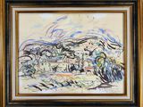 une image d'un tableau représentant un paysage dans un cadre doré