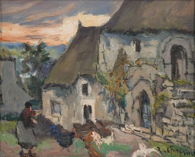an oil painting of a woman and chickens in front of a building