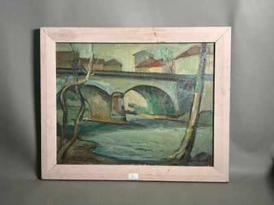 an oil painting of a bridge over a river with buildings in the background