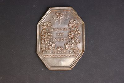 a silver plaque on a black table with a black background