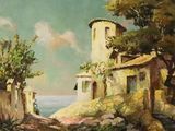 une peinture à l'huile représentant une maison située sur une falaise surplombant l'océan