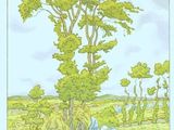 une image représentant un tableau d'éléphants dans un champ, avec un arbre en arrière-plan