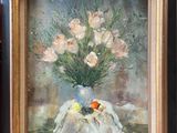 a painting of flowers in a vase on a table