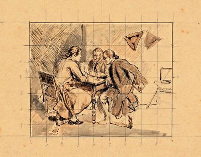 un dessin représentant un homme et une femme assis à une table
