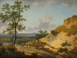 tableau représentant un paysage avec un homme sur une charrette tirée par un cheval