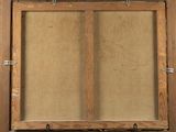 an old wooden frame with a picture hanging on the wall