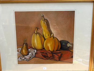 une photo d'une peinture représentant une nature morte composée de courges et de calebasses
