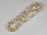 a close up of a gold beaded necklace on a white surface