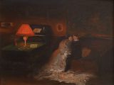 tableau représentant un couple de jeunes mariés dans une pièce sombre, éclairée par une lampe rouge