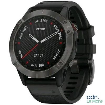 the garmin gps watch has a black band and a red second hand