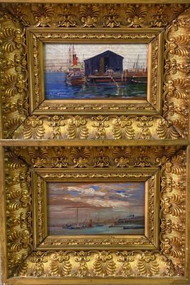 tableau représentant un bateau et un hangar à bateaux, dans un cadre doré