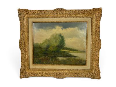 une peinture à l'huile d'un paysage avec un arbre au premier plan