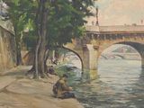 painting of a bridge over a river with a man sitting on the bank