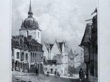 un vieux dessin en noir et blanc représentant une rue bordée d'immeubles