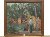 a painting of a man and a woman by a river