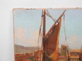 a painting of a boat on the water with a town in the background