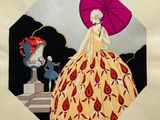 a drawing of a woman in a yellow dress with a pink umbrella