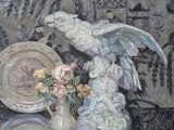 a painting of a bird and a plate on a table