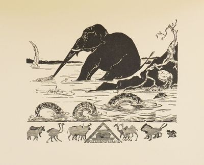 un dessin représentant un éléphant dans l'eau avec d'autres animaux