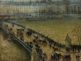 un tableau représentant des personnes marchant sur un pont au-dessus d'une rivière