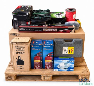 a wooden pallet that has many different items on it