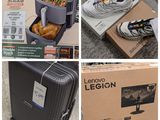 four different pictures of a suitcase and a box of food on the floor