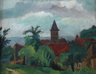 tableau représentant un village avec une église au loin et des arbres au premier plan
