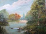 un tableau représentant une rivière avec des animaux