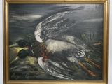 une peinture à l'huile d'un canard et d'un canard sur un rocher