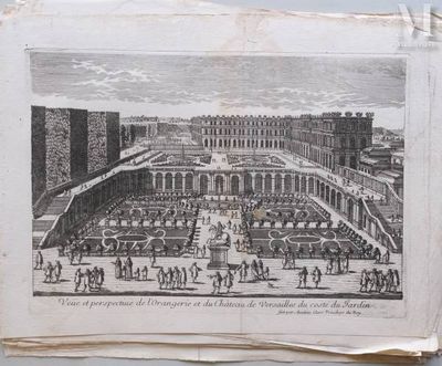 an old drawing of a large courtyard with people walking around it