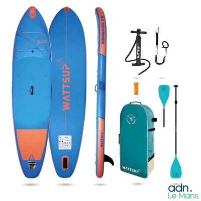 an image of a blue and orange surfboard with paddles and a bag