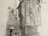 a drawing of a person walking down the street with an umbrella