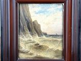 a painting of a rocky coast with a boat in the water