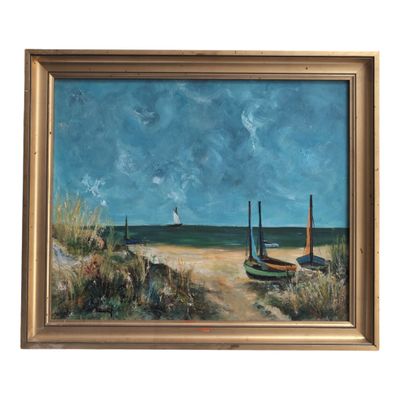 painting of boats on the beach with a sailboat in the distance