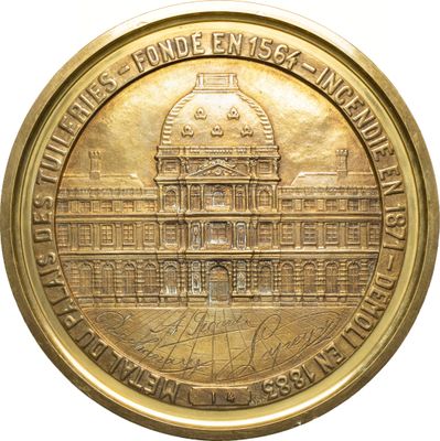 an image of a gold medal with a building in the background