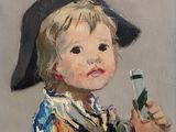 painting of a little boy holding a toothbrush in his right hand