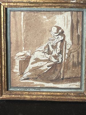 painting of a man sitting in a chair with a hat on