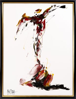 an abstract painting of a woman in red and black with a white background