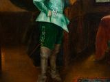 painting of a man in a green suit standing in front of a window
