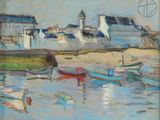 une peinture de bateaux sur l'eau dans un port