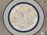 une image représentant une assiette sur laquelle est dessiné un homme à cheval