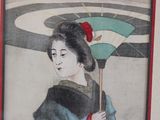 a painting of a woman holding an umbrella in her hand