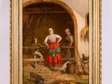 une peinture à l'huile représentant une femme dans une grange avec des poules et des poulets