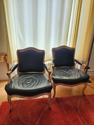 two chairs that are next to each other on a rug