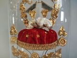 a gold crown with a red velvet cover under a glass clochet
