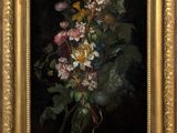 an oil painting of flowers in a gold frame on a black background