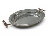 an image of a metal tray with a wooden handle on a white background