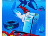 un tableau représentant une sirène dans l'eau, à côté d'un réfrigérateur