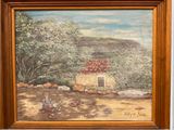 an oil painting of a farm scene with chickens and a house